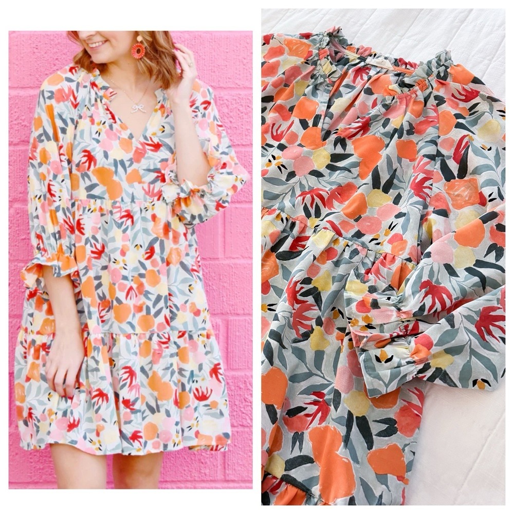 Entro Floral Babydoll Dress Women's MEDIUM V-Neck Peachy Loose Fit